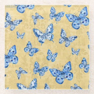  Chinoiserie Blue White Butterfly Faded Damask  Glass Coaster