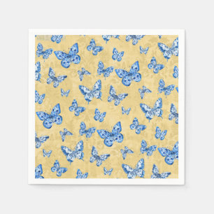  Chinoiserie Blue White Butterfly Faded Damask  Napkin