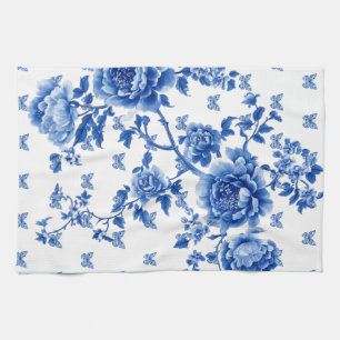 Chinoiserie Blue White Butterfly Roses  Tea Towel