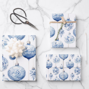 Chinoiserie Blue & White Christmas Ornaments Wrapping Paper Sheet
