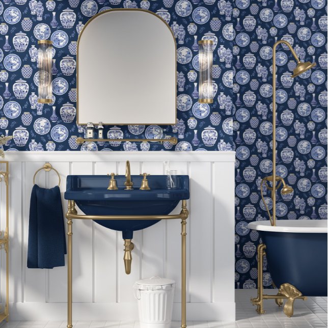 Chinoiserie Blue White Classic Ginger Jars Plates Wallpaper (Creator Uploaded)