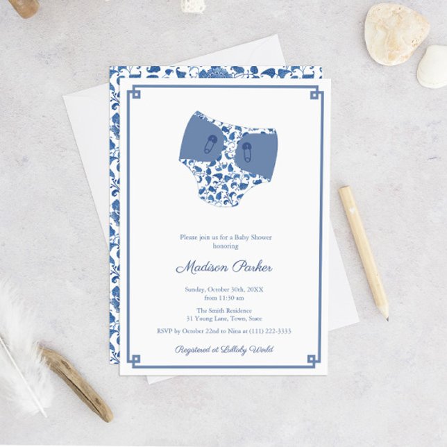 Chinoiserie Blue & White Diaper Wipes Baby Shower Invitation (Chinoiserie Chic Blue And White Diaper Theme Baby Shower Invitation)