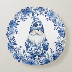 Chinoiserie Blue White Floral Christmas Gnome Round Cushion