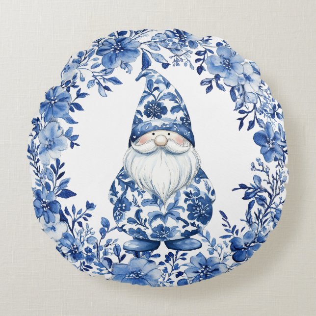 Chinoiserie Blue White Floral Christmas Gnome Round Cushion (Front)