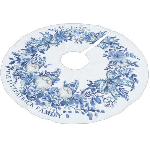 Chinoiserie Blue White Floral Christmas Gnomes Bow Brushed Polyester Tree Skirt