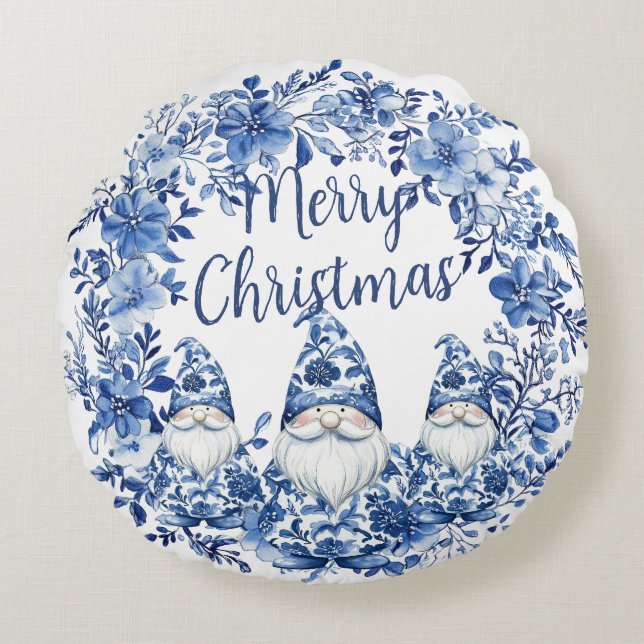Chinoiserie Blue White Floral Christmas Gnomes Round Cushion (Front)