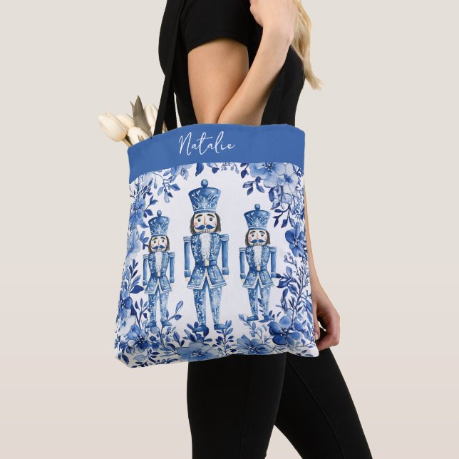 Chinoiserie Blue White Floral Christmas Nutcracker Tote Bag (Close Up)