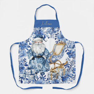 Chinoiserie Blue White Floral Christmas Santa Apron