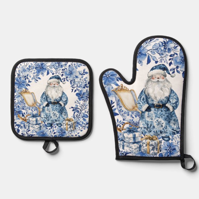 Chinoiserie Blue White Floral Christmas Santa Oven Mitt & Pot Holder Set (Front)