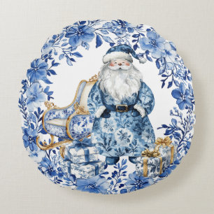 Chinoiserie Blue White Floral Christmas Santa Round Cushion