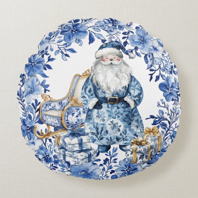 Chinoiserie Blue White Floral Christmas Santa Round Cushion (Front)