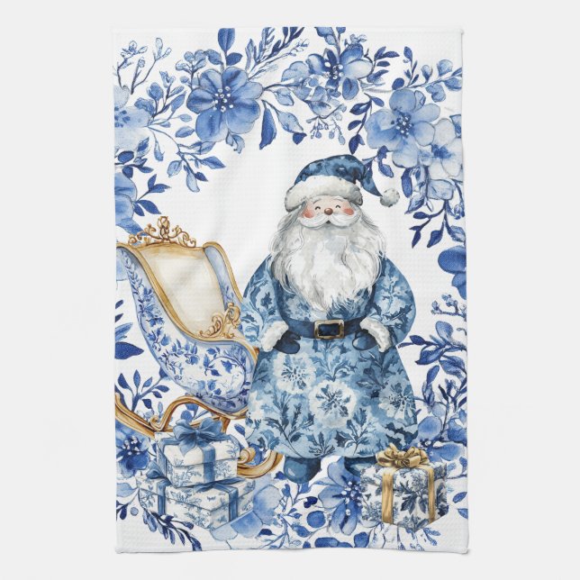 Chinoiserie Blue White Floral Christmas Santa Tea Towel (Vertical)