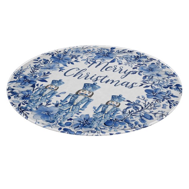 Chinoiserie Blue White Floral Nutcracker Soldiers Cutting Board (Corner)
