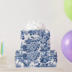 Chinoiserie Blue White Floral Painting Wrapping Paper