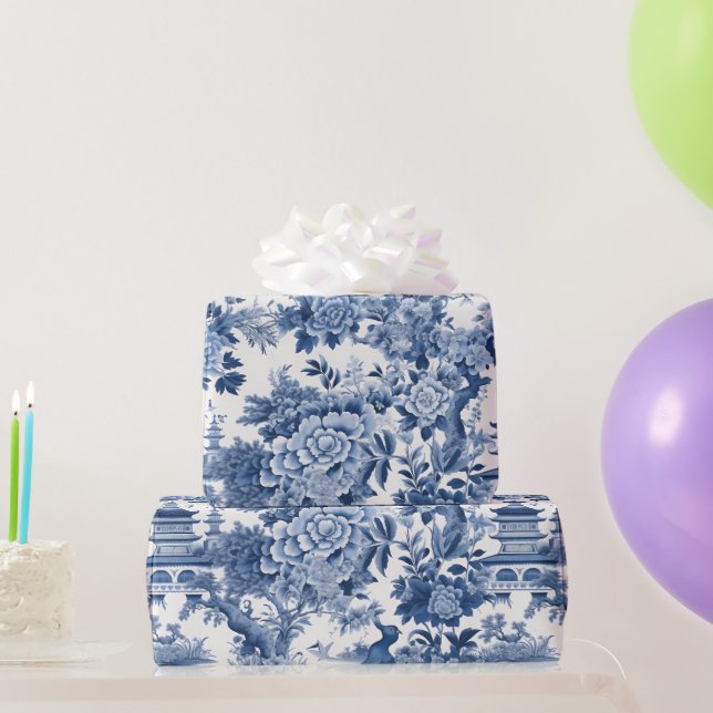 Chinoiserie Blue White Floral Painting Wrapping Paper (Party Gifts)