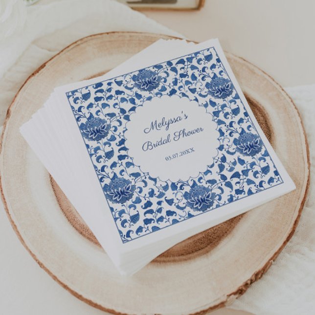 Chinoiserie Blue & White Floral Wedding Shower Napkin (Chinoiserie Chic bridal shower napkins featuring an all-over hand-painted blue and white print)