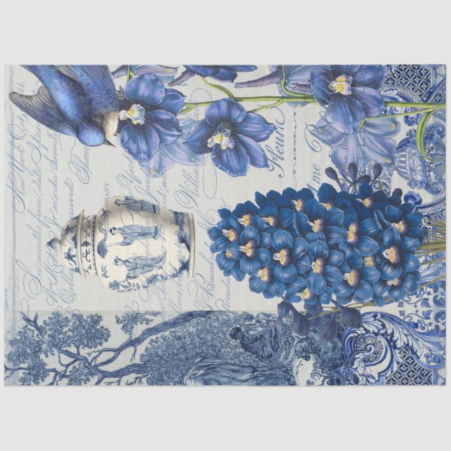 Chinoiserie Blue White Flower Jar Script Ephemera Tissue Paper (Front)