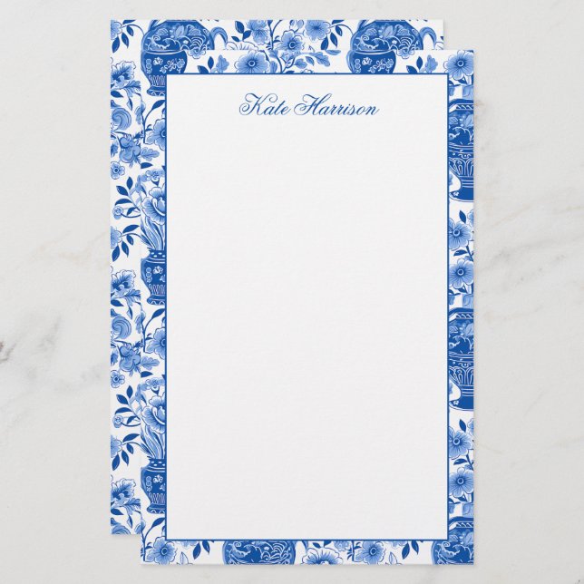 Chinoiserie Blue & White Ginger Jar Floral Vases Stationery (Front/Back)