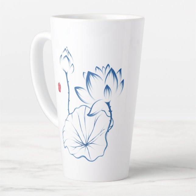 Chinoiserie Blue White Lotus Inspiring Quote Latte Mug (Left Angle)