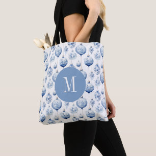 Chinoiserie Blue & White Ornaments Monogrammed Tote Bag