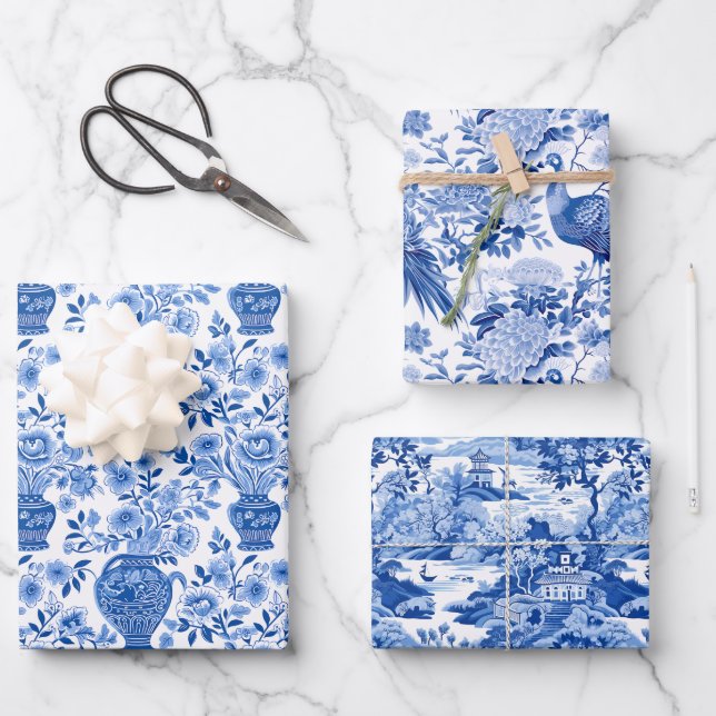 Chinoiserie Blue & White Pagodas Ginger Jars Birds Wrapping Paper Sheet (Front)