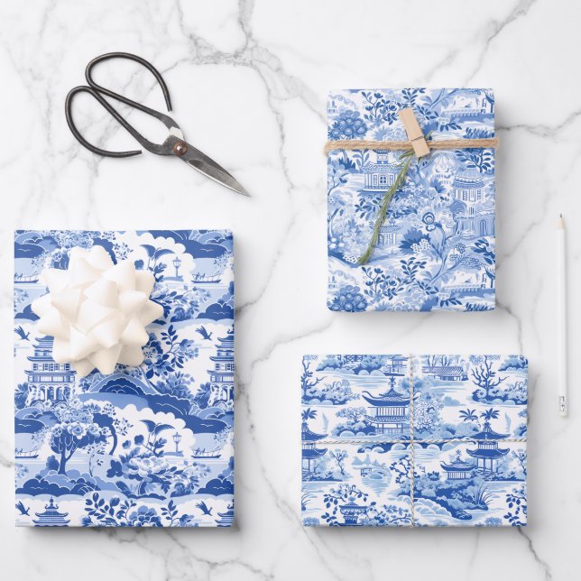 Chinoiserie Blue & White Pagodas Wrapping Paper Sheet (Front)
