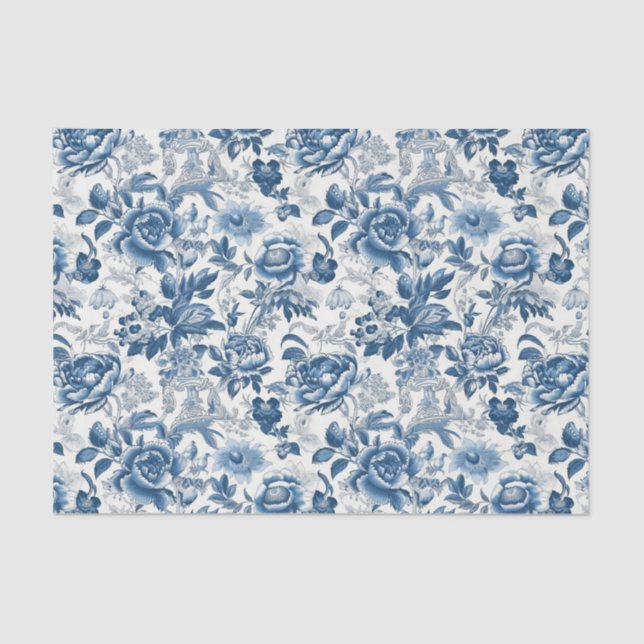 Chinoiserie Blue White Peonies Floral Decoupage Tissue Paper (Front)