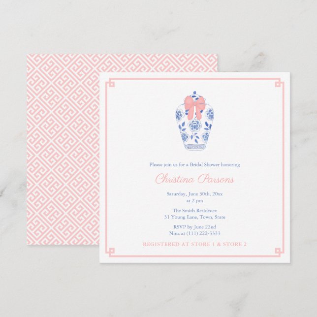 Chinoiserie Blue White Pink Wedding Shower Party Invitation (Front/Back)