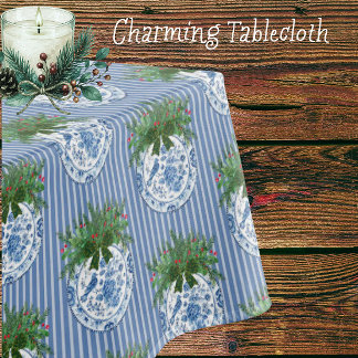 Chinoiserie Blue White Plates Christmas Tablecloth