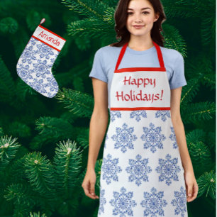 Chinoiserie Blue White Red Snowflakes Personalised Apron