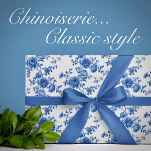 Chinoiserie Blue White Roses Wrapping Paper