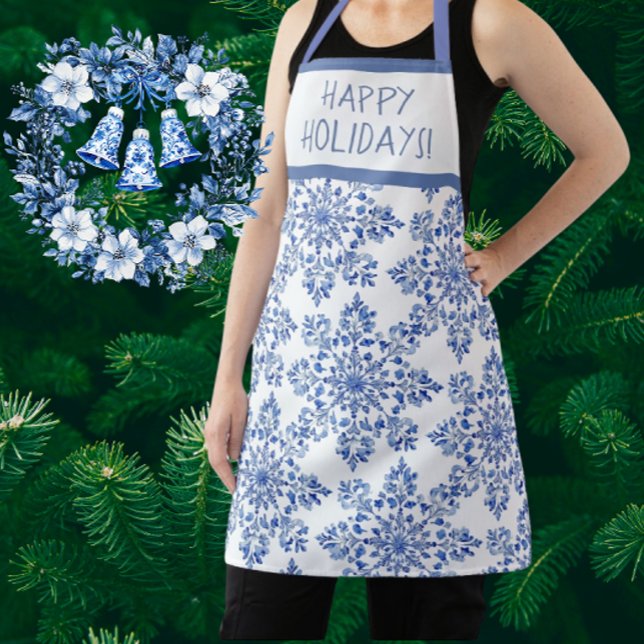 Chinoiserie Blue White Snowflakes Personalised Apron (Classic blue and white snowflakes. Personalize for someone special (maybe yourself?))