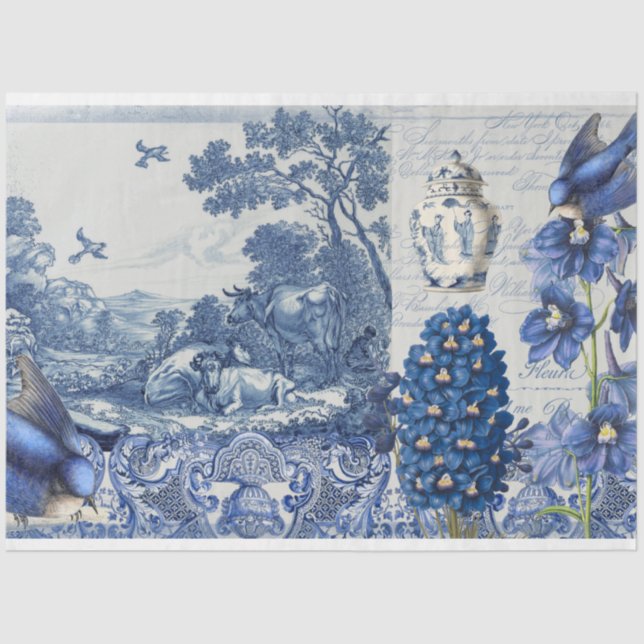 Chinoiserie Blue White Toile Floral Script Collage Tissue Paper (Front)