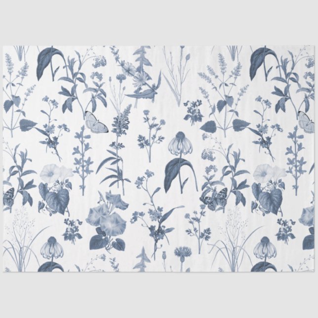 Chinoiserie Blue White Wildflower Floral Decoupage Tissue Paper (Front)
