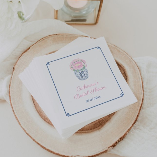 Chinoiserie Blush Pink Navy Peony Wedding Shower N Napkin (Preppy pink and navy peony bridal shower or girl baby shower party napkins)
