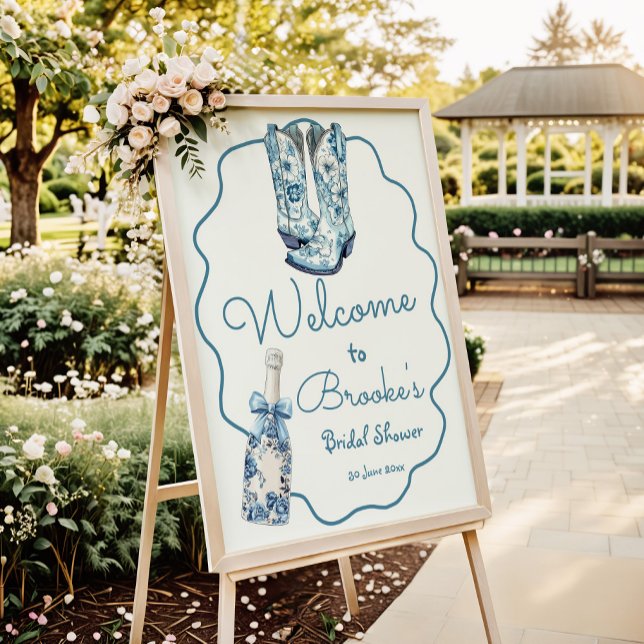 Chinoiserie Boots and Bubbly Bridal Shower Welcome Poster (Creator Uploaded)