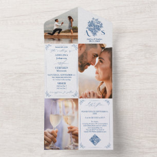 Chinoiserie Bouquet Blue 3 Photo QR Code Wedding All In One Invitation