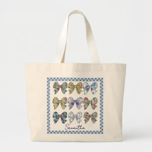 Chinoiserie Bows Chequerboard Pattern  Large Tote Bag
