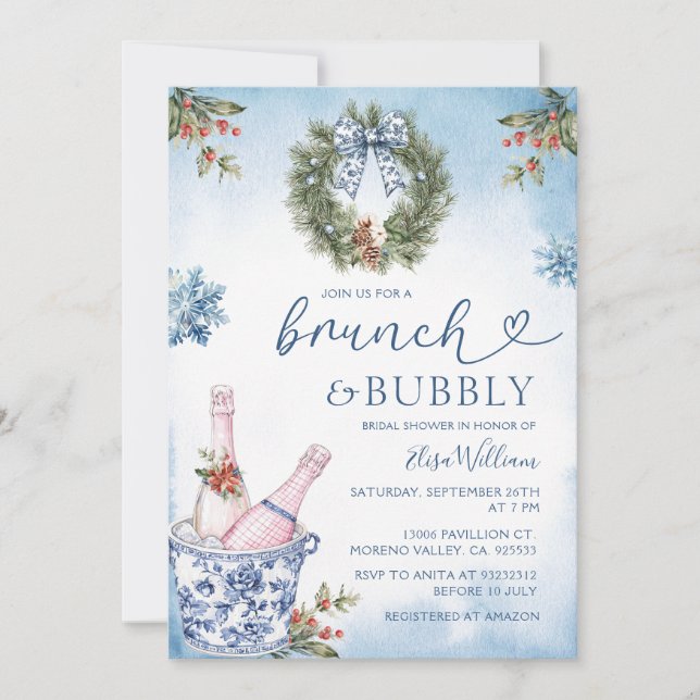 Chinoiserie Brunch and Bubbly Blue Bridal Shower  Invitation (Front)
