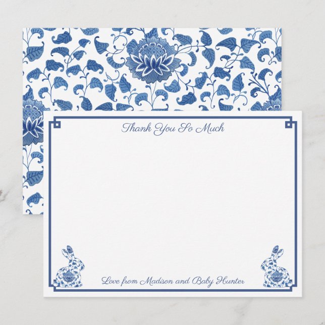 Chinoiserie Bunny Blue And White Boy Baby Shower  Thank You Card (Front/Back)
