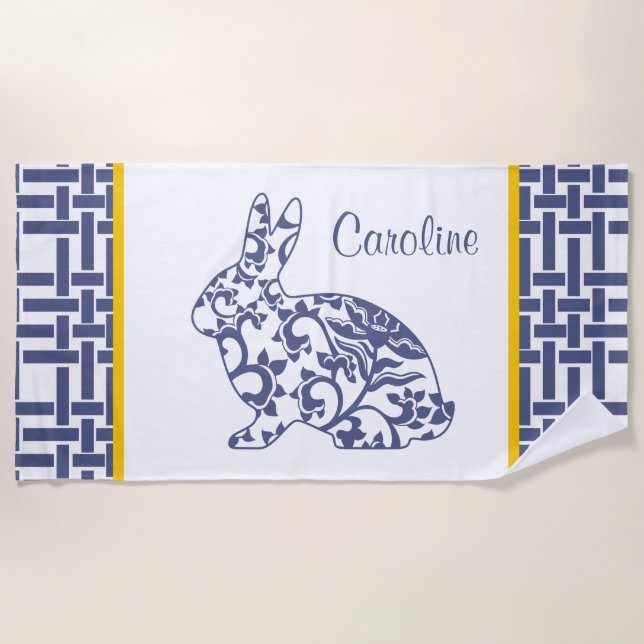 Chinoiserie Bunny Rabbit Personalised Beach Towel (Front)