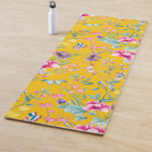 Chinoiserie butterflies, birds flowers yellow yoga mat