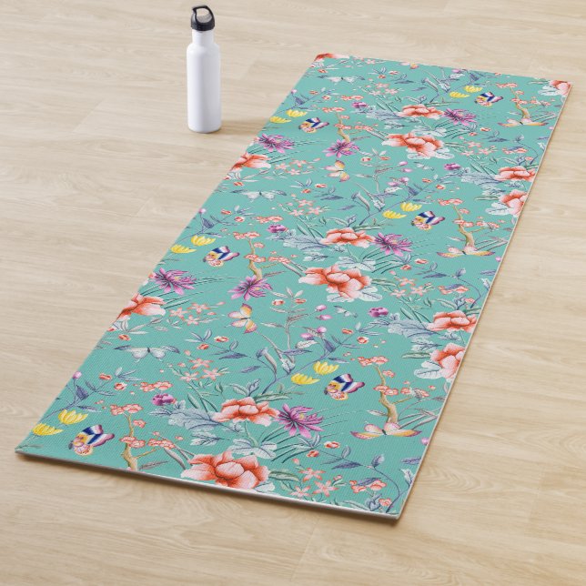 Chinoiserie butterflies, flowers teal, yoga mat (In Situ)