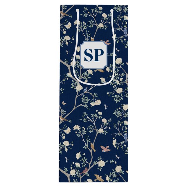 Chinoiserie Camellia Garden Navy Blue Wine Gift Bag (Front)