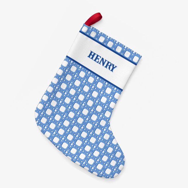 Chinoiserie Cane Trellis in Blue Personalised Small Christmas Stocking (Front (Hanging))