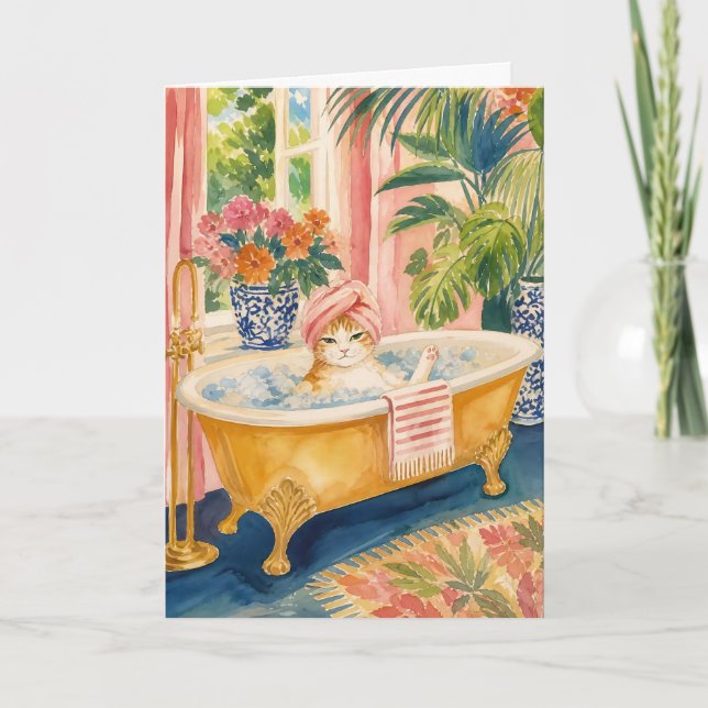 Chinoiserie Cat Maximalist Bath Time Greeting Card (Front)
