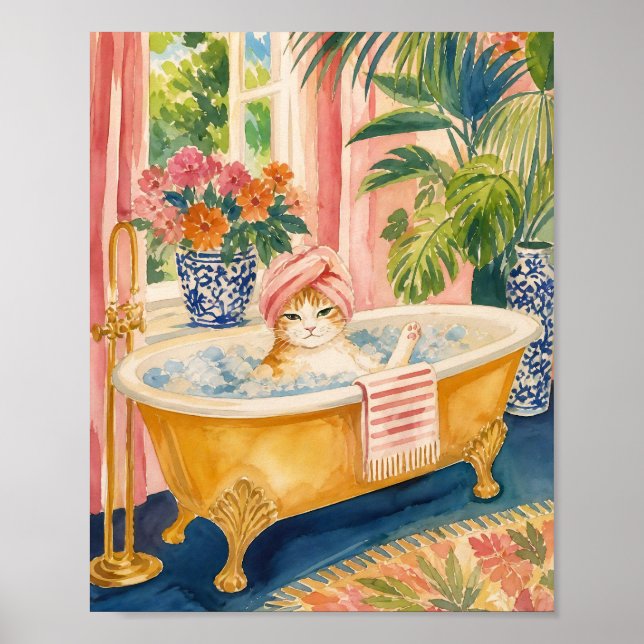 Chinoiserie Cat Maximalist Bath Time Poster (Front)