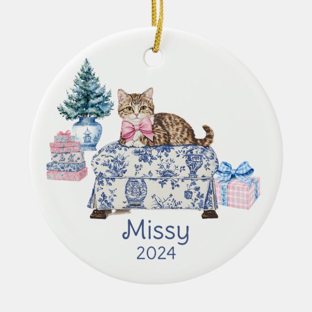 Chinoiserie Cat Name and Year Ceramic Tree Decoration (Front)