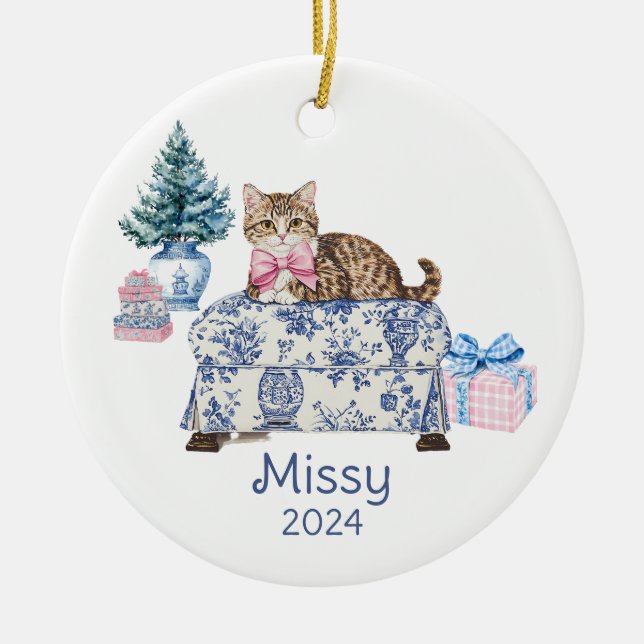 Chinoiserie Cat Name and Year Ceramic Tree Decoration (Front)