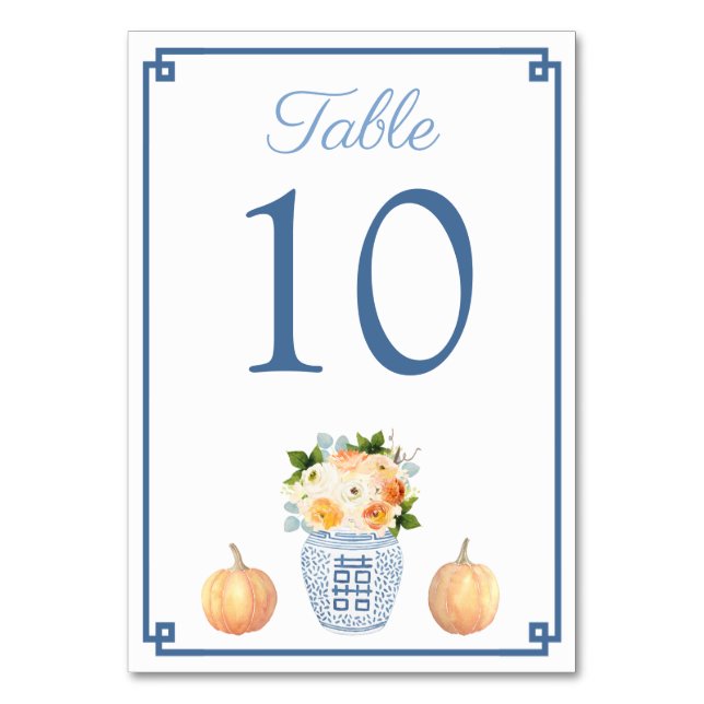 Chinoiserie Chic Autumn Flowers Ginger Jar Wedding Table Number (Front)